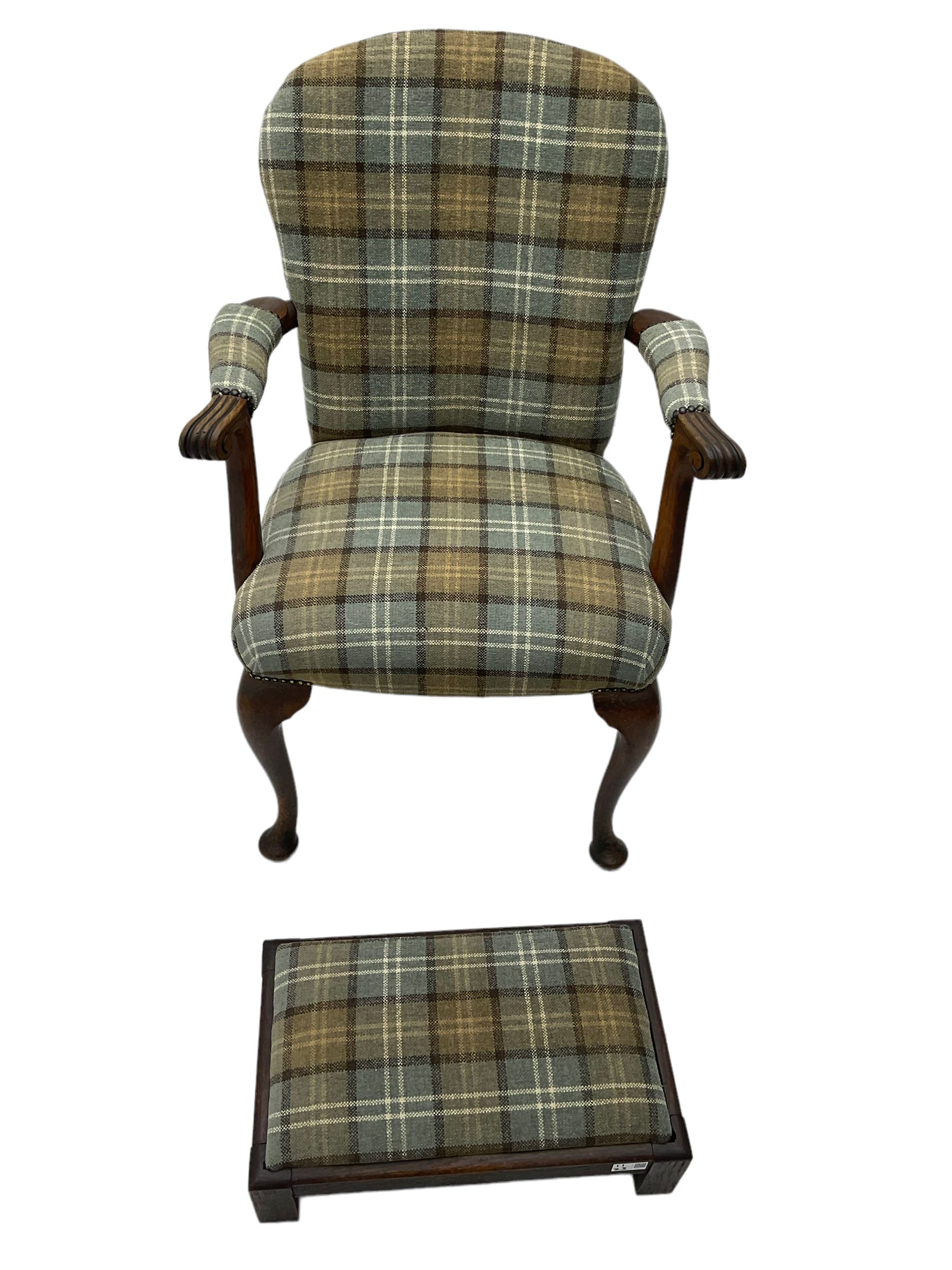 Late 19th century walnut open armchair in tartan fabric - Image 4 of 6