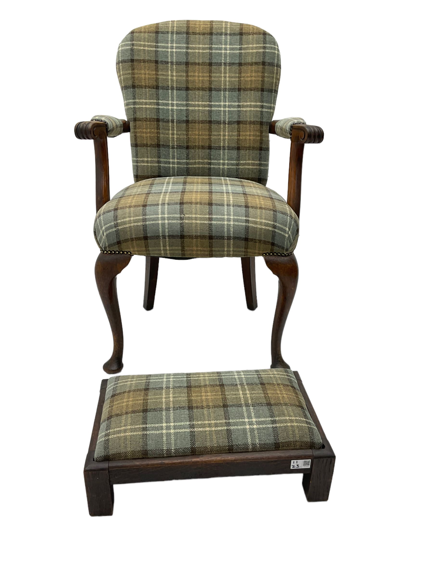 Late 19th century walnut open armchair in tartan fabric