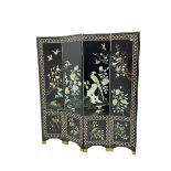 Japanese Shibayama style black lacquered four panel folding screen
