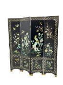 Japanese Shibayama style black lacquered four panel folding screen