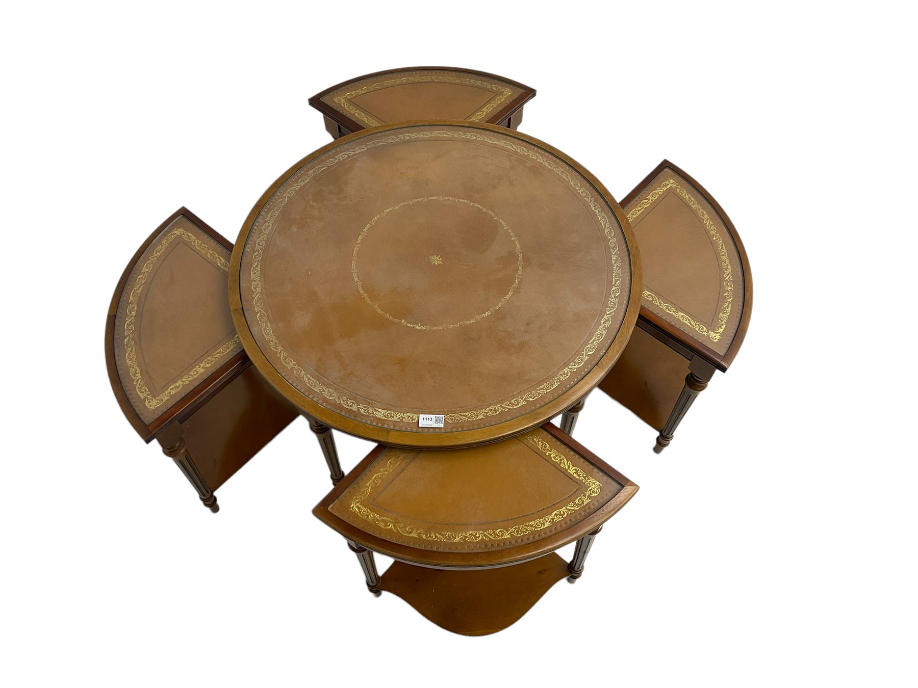 Yew wood circular coffee table with four nesting tables