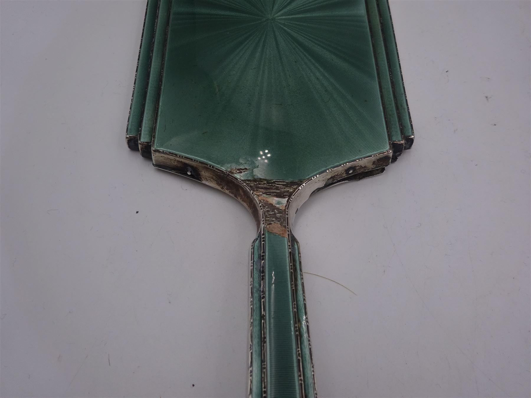 1930's three piece silver mounted and green guilloche enamel dressing table set - Image 6 of 7