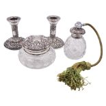 Four piece silver mounted dressing table set