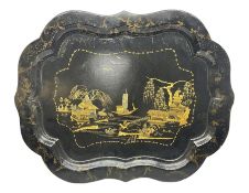 Late 19th century Chinoiserie lacquered papier mache tray decorated with floral gilt work and a trad