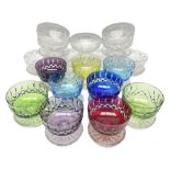 Collection of glass sundae/dessert dishes to include coloured bowl examples with banded cut decorati