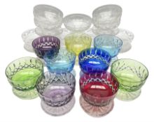 Collection of glass sundae/dessert dishes to include coloured bowl examples with banded cut decorati