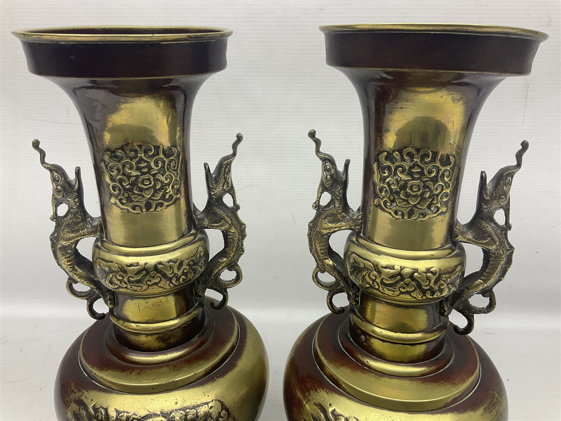 Pair of oriental twin handled brass vases decorated with stylised dragons - Image 2 of 12