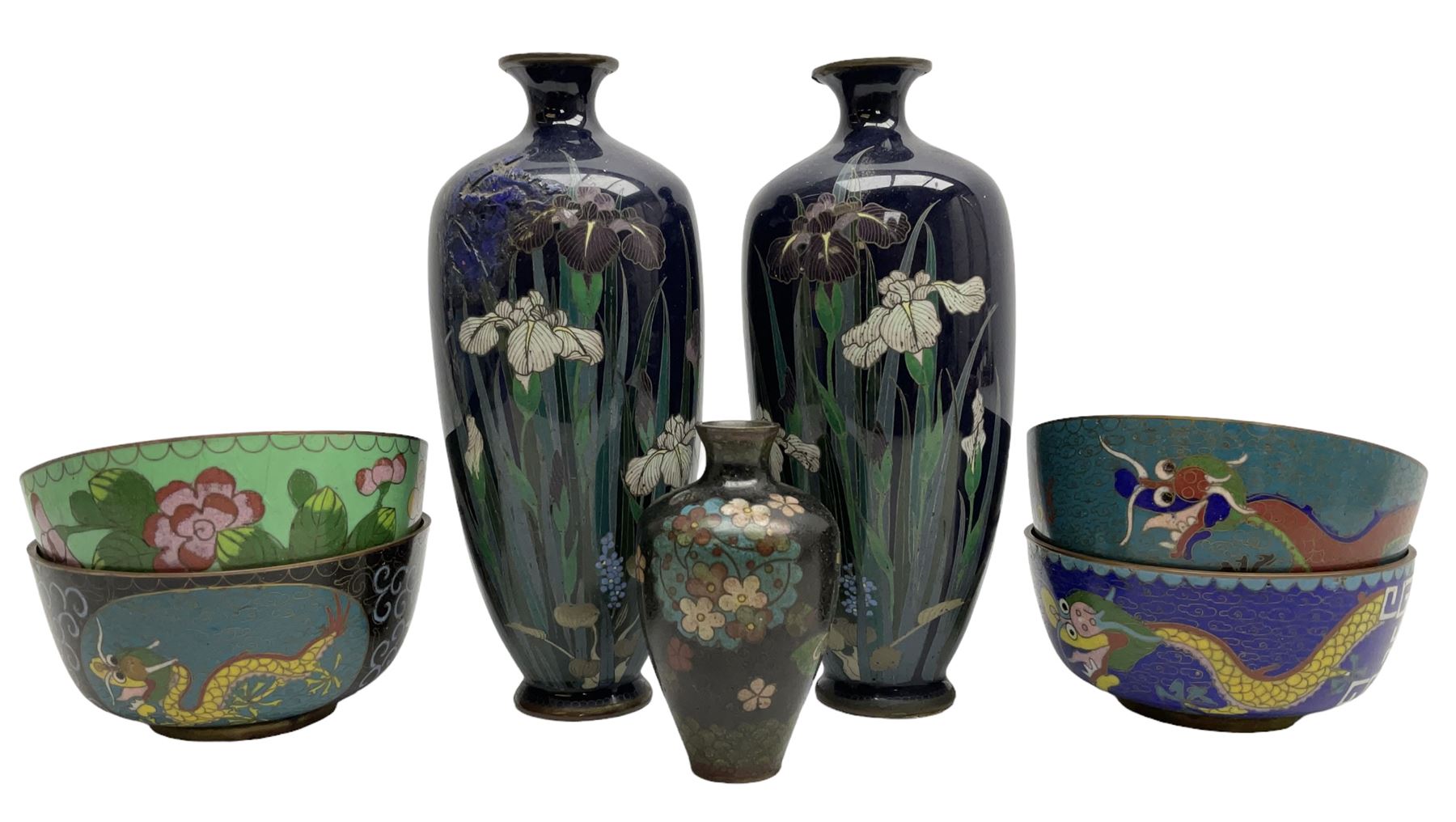 Pair of Japanese Meiji period cloisonn� vases of slender ovoid form decorated with iris flowers in p