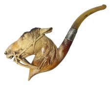 Silver mounted carved meerschaum pipe in the form of a horse