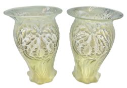 Pair of 20th century Vaseline and opaline brocade glass shades in the style of John Walsh