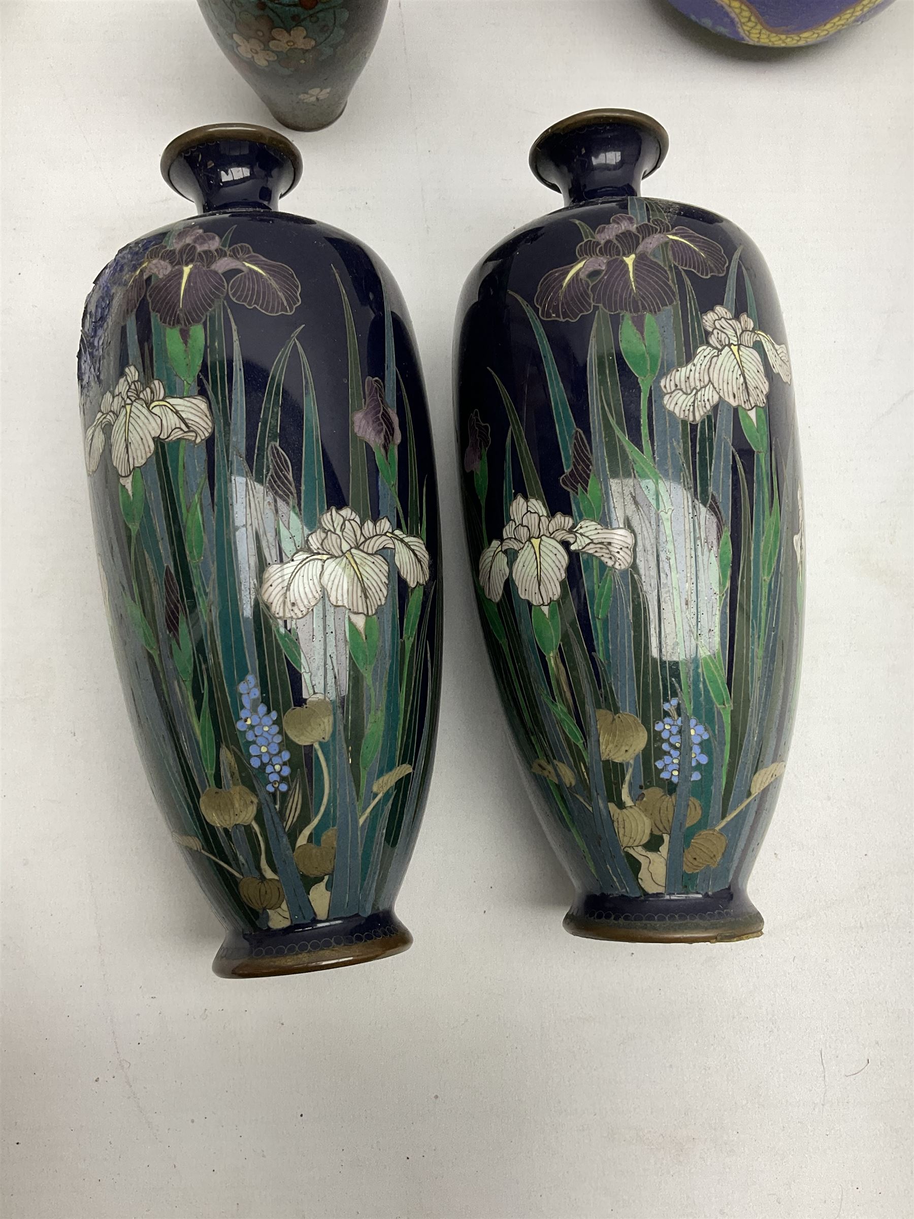 Pair of Japanese Meiji period cloisonn� vases of slender ovoid form decorated with iris flowers in p - Image 3 of 4