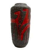 West German fat lava vase of shouldered form decorated with red horses on a pitted black lava groun