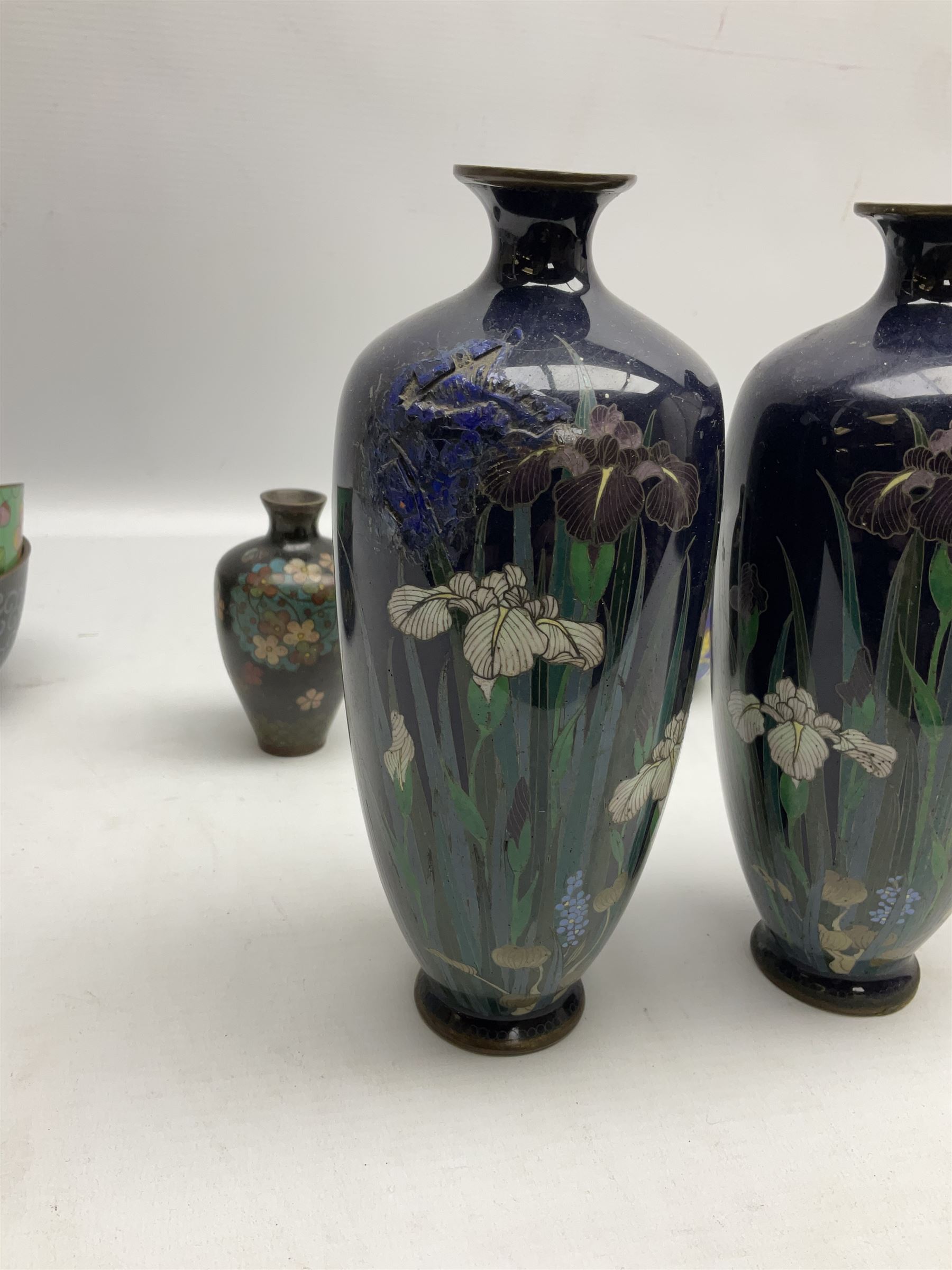 Pair of Japanese Meiji period cloisonn� vases of slender ovoid form decorated with iris flowers in p - Image 4 of 4