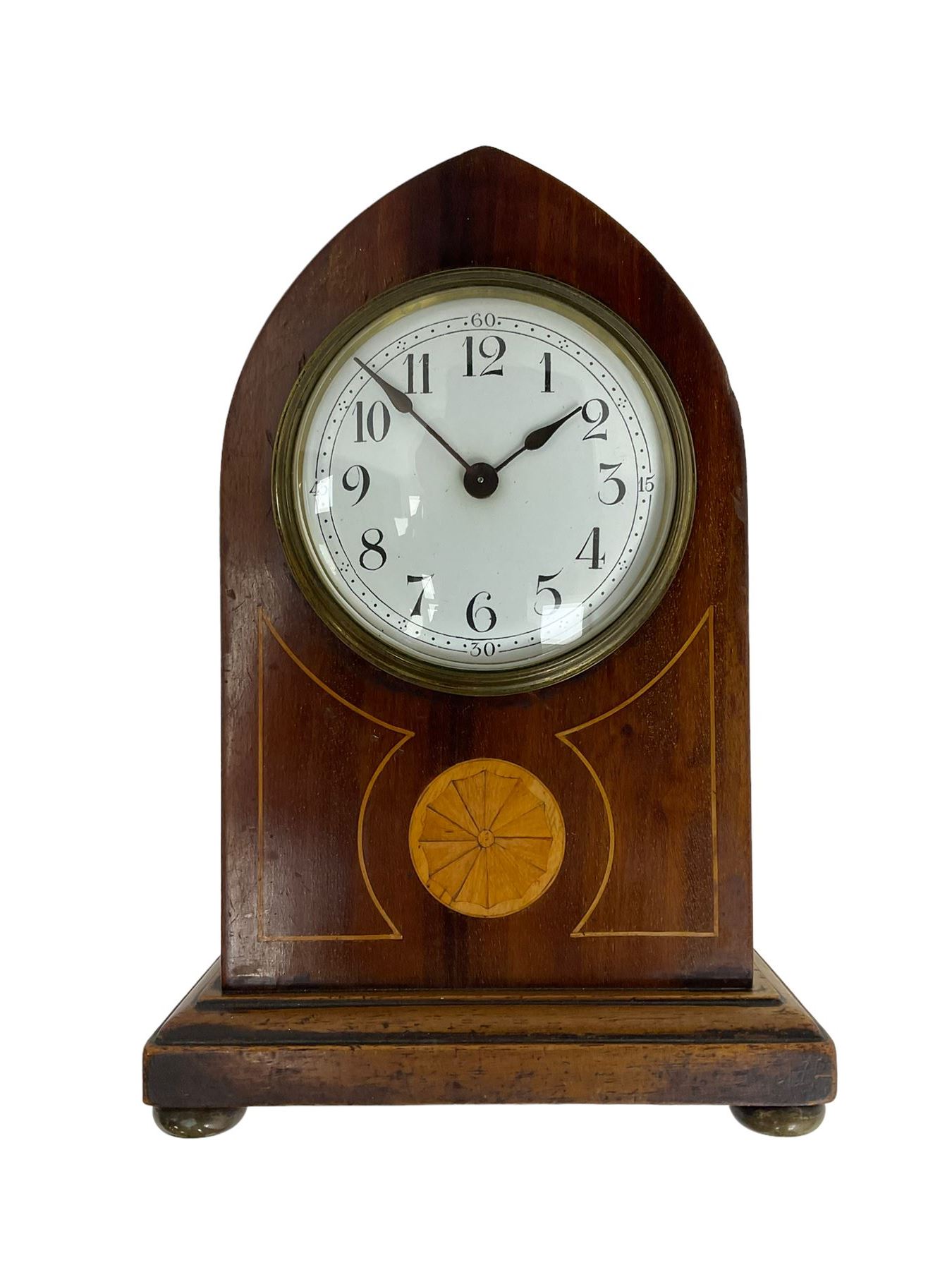 Mahogany cased Lancet clock c1910 with an inlaid cartouche and satinwood stringing