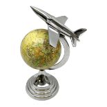 Art Deco style world globe with chrome aeroplane finial and mounts