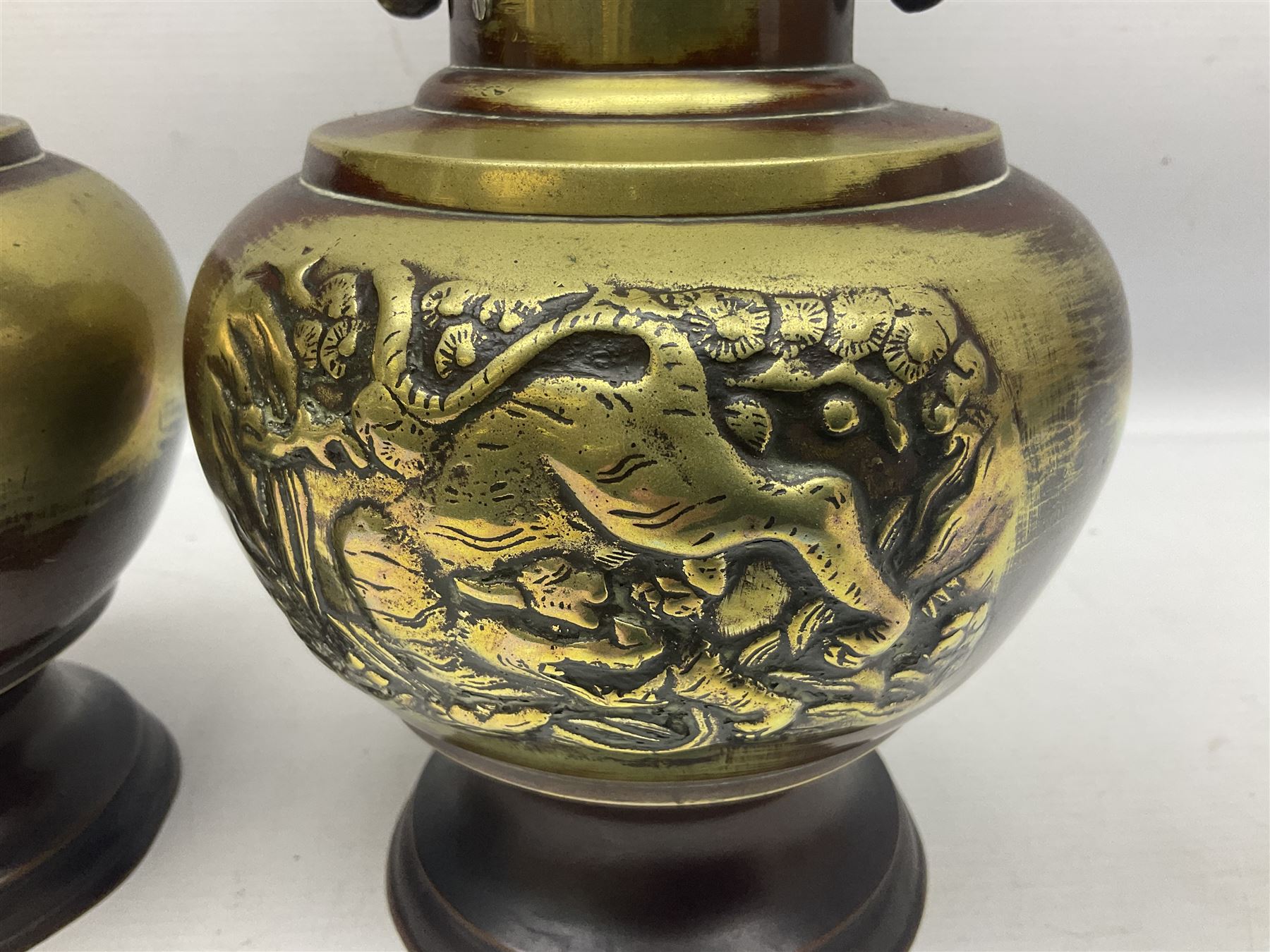Pair of oriental twin handled brass vases decorated with stylised dragons - Image 4 of 12