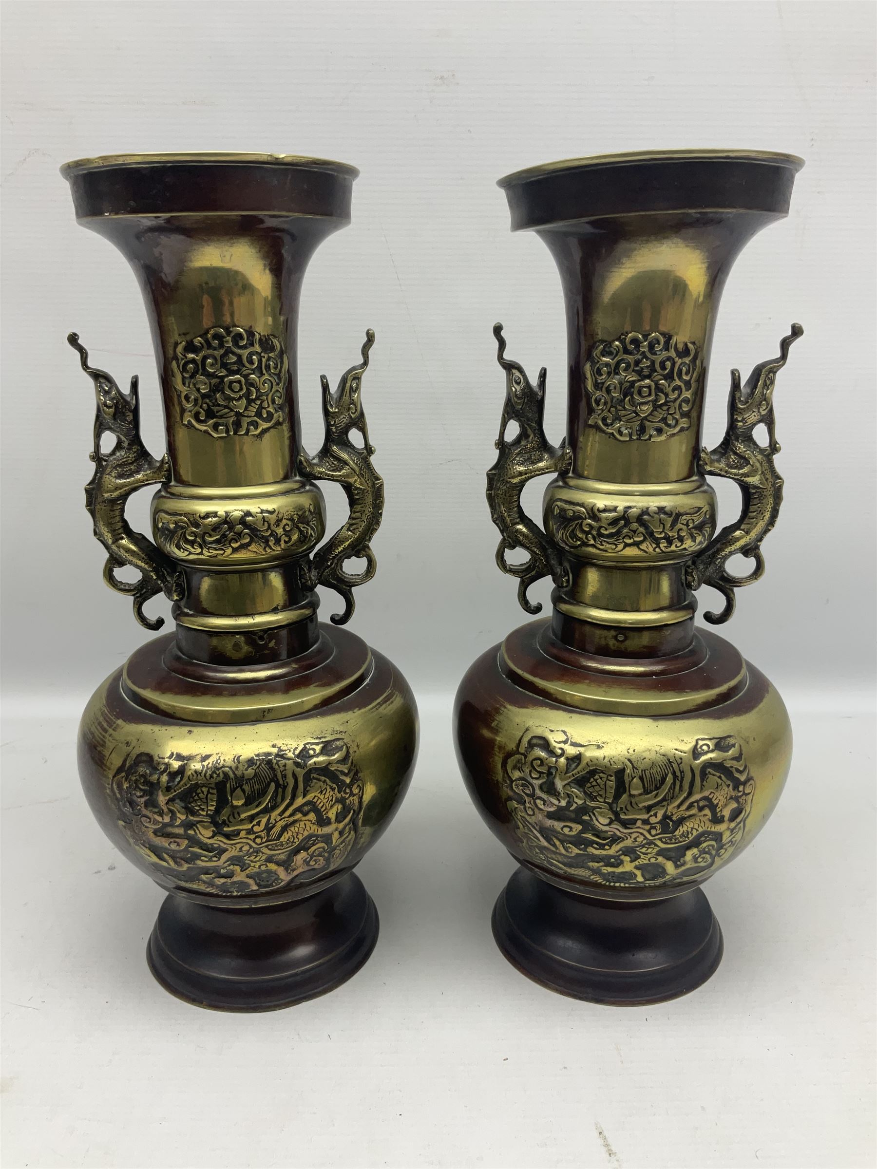 Pair of oriental twin handled brass vases decorated with stylised dragons - Image 5 of 12