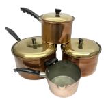 Set of four Jonart copper sauce pans with brass lids