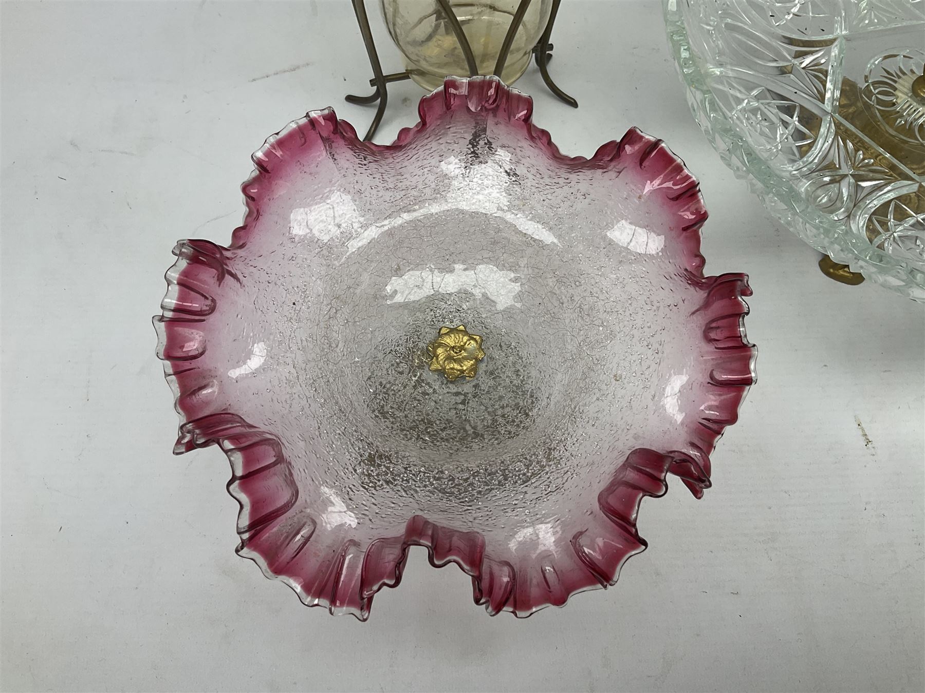 20th century moulded glass and gilt centre piece bowl with carrying handle and ornate trefoil base - Image 2 of 8