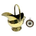 Oak cased Benn Franks Opticians barometer and brass helmet shaped coal scuttle