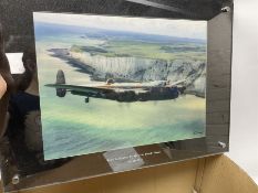 Framed 3-D picture of a WW2 Lancaster bomber; two small oil paintings of Elloughton/Brantingham; qua