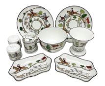 Nine pieces of Coalport and Crown Staffordshire Hunting Scene porcelain including three-piece condim