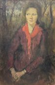 Margaret Parker (Northern British 1925-2012): Portrait of a Woman in a Red Dress at the edge of a Fo