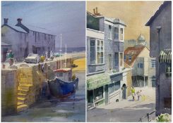 John Bastin (British 1929-): 'Lyme Regis Harbour Looking West' and Street Scene