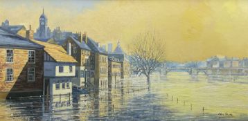 Alan Stuttle (British 1939-): 'York Floods 2007' View over Ouse towards Skeldergate Bridge with Magi