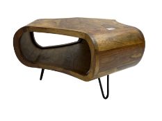 Contemporary hardwood coffee table with undertier on wrought metal supports