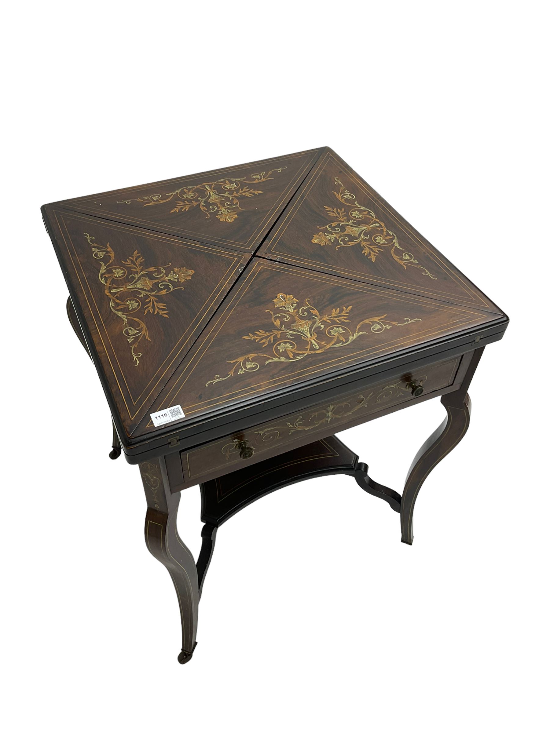 Edwardian inlaid rosewood envelope top card table - Image 4 of 8