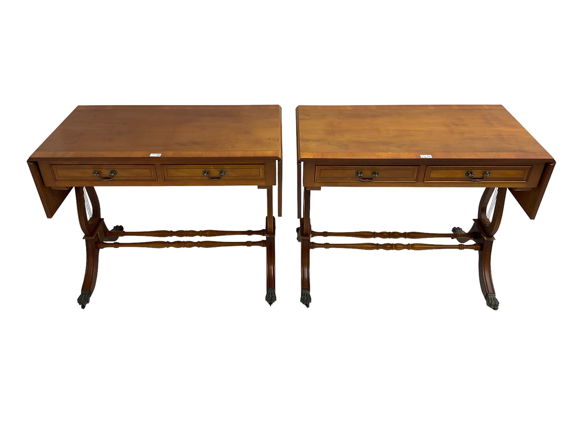 Pair yew wood drop leaf stretcher side or sofa tables - Image 2 of 4