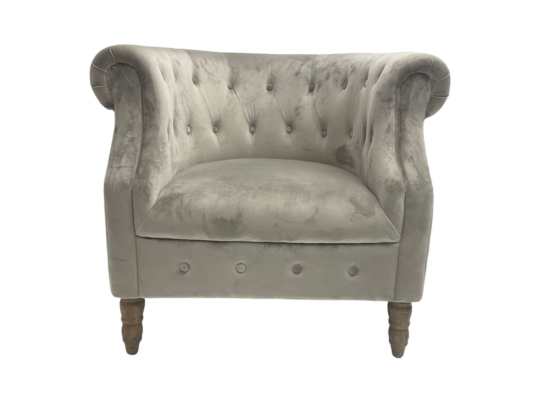 Grey velvet Chesterfield button pressed tub chair with rolled arms