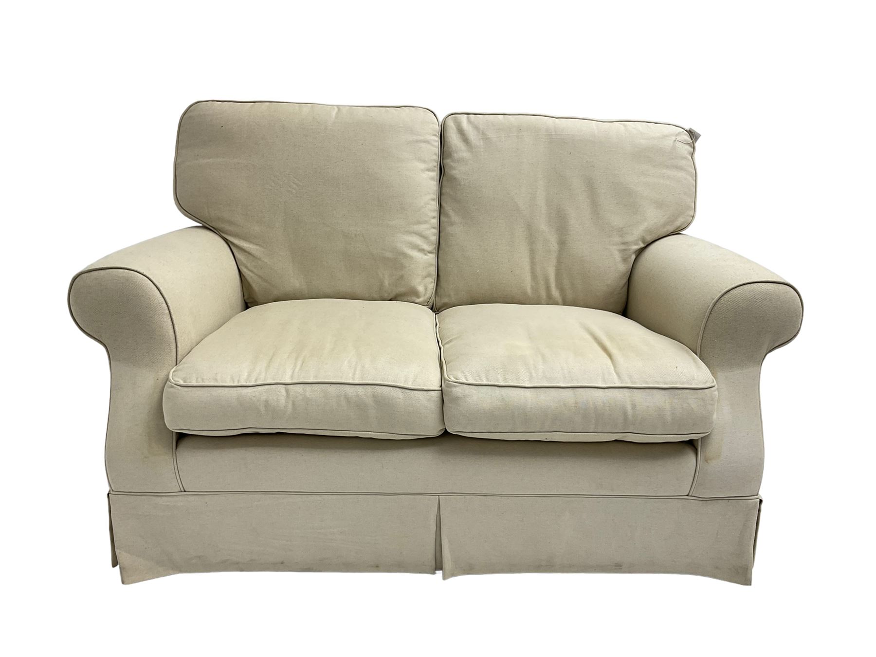 Duresta - traditional shape two seat sofa upholstered in beige linen fabric