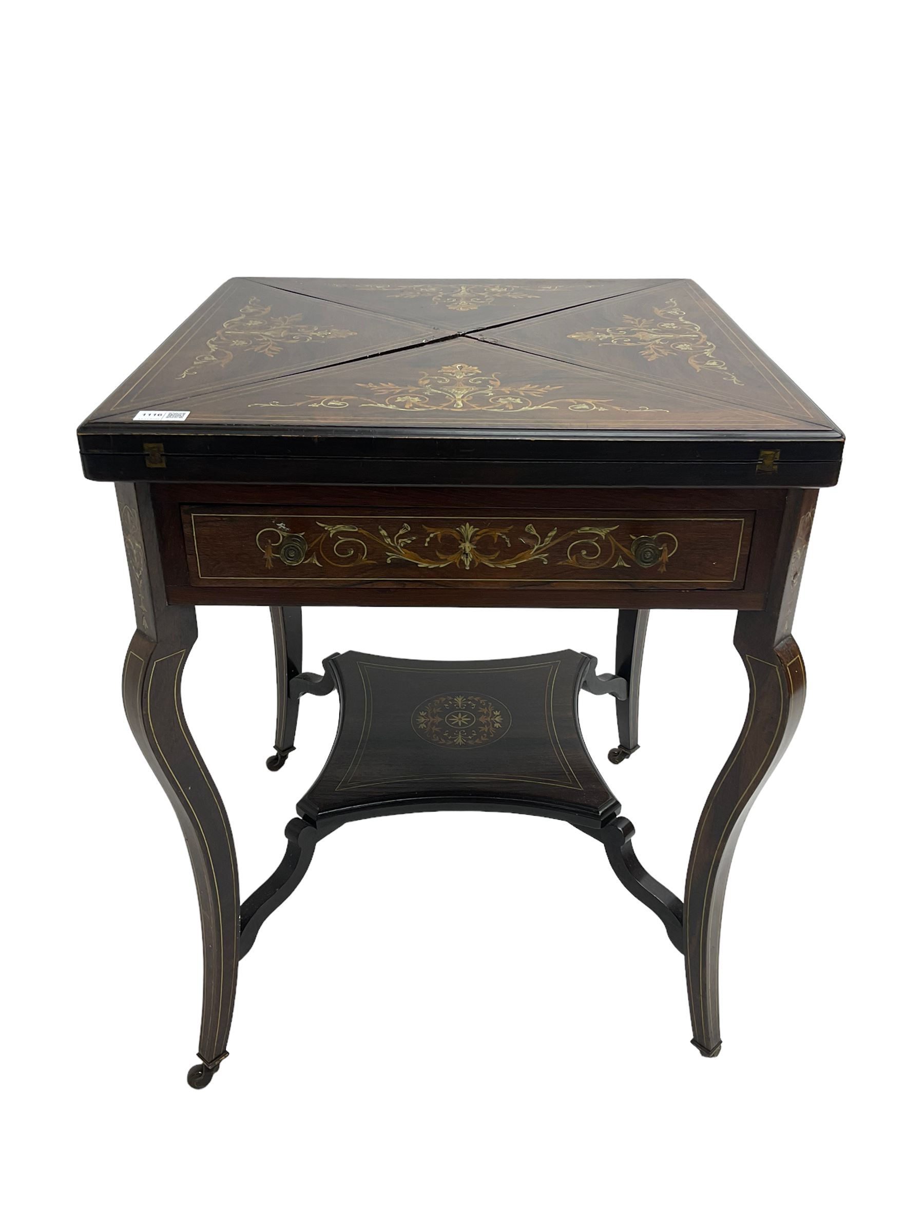 Edwardian inlaid rosewood envelope top card table