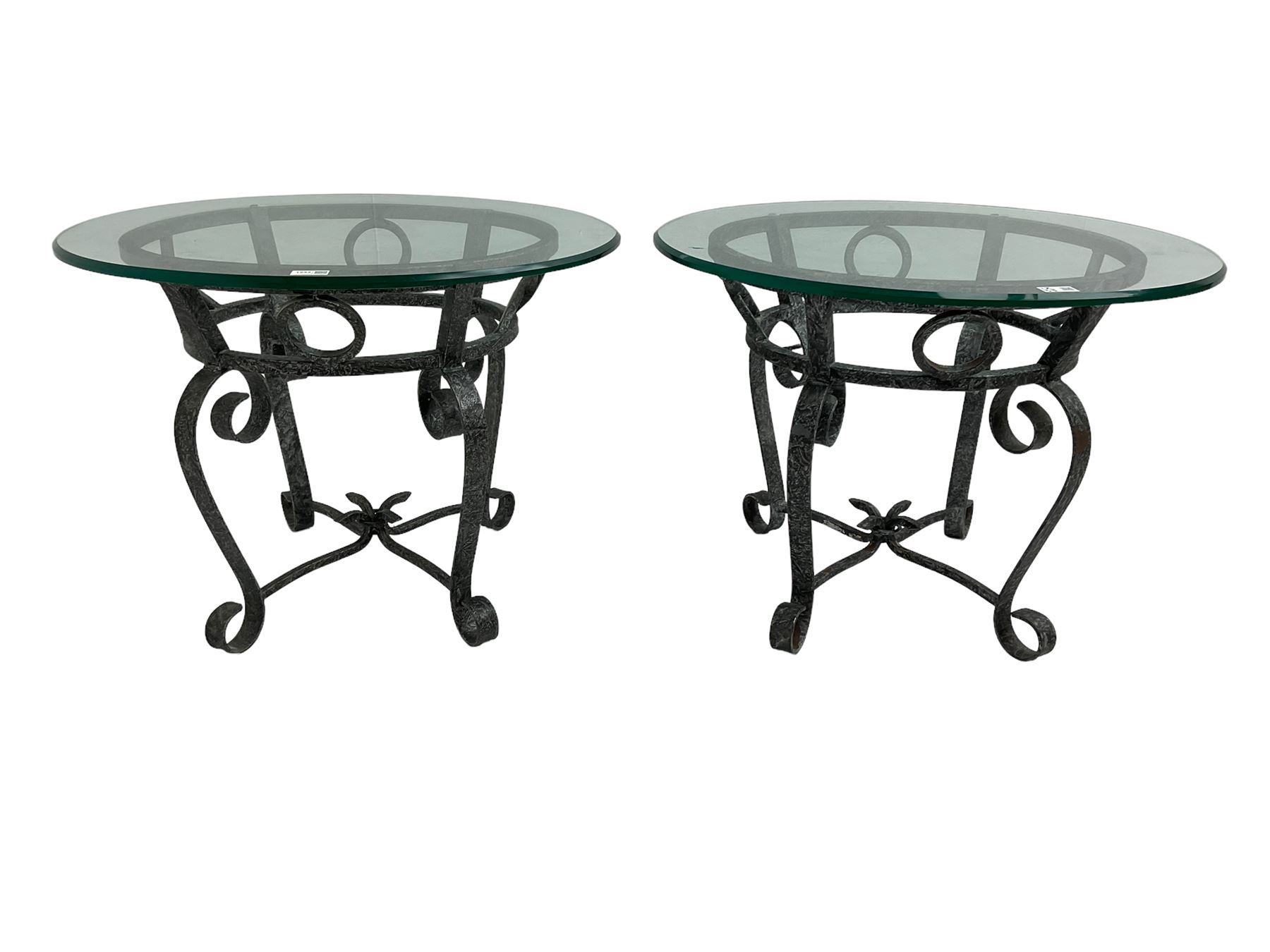 Pair of wrought metal and glass top oval lamp tables