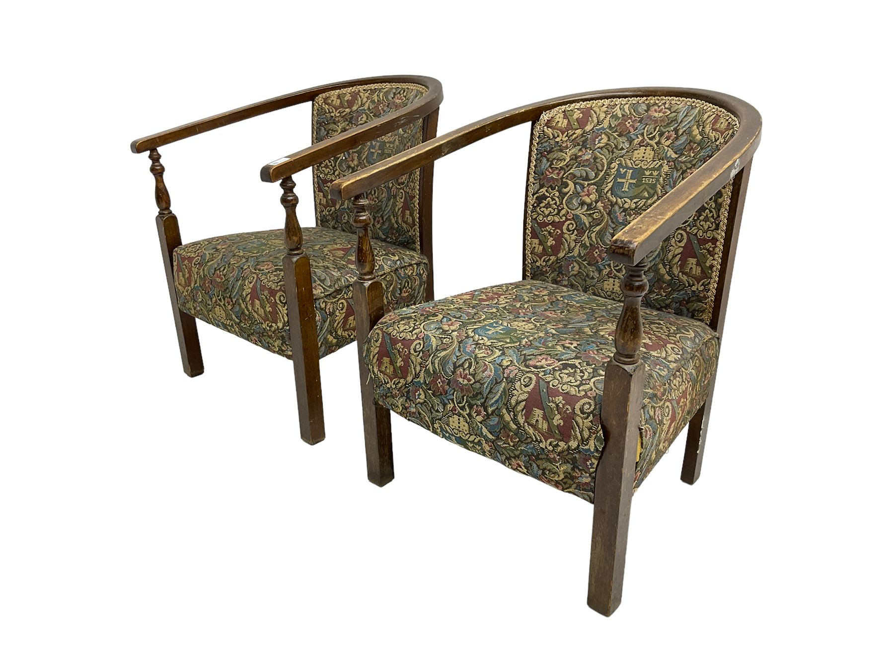 Pair early to mid-20th century stained beech tub shaped armchairs - Image 5 of 6
