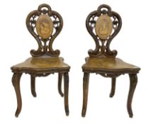 Pair 19th century Black Forest type inlaid hall chairs