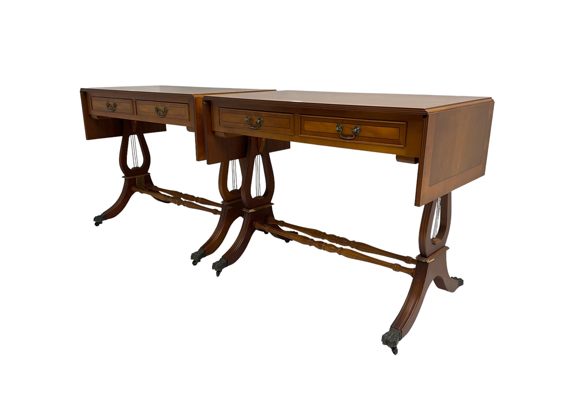 Pair yew wood drop leaf stretcher side or sofa tables - Image 3 of 4