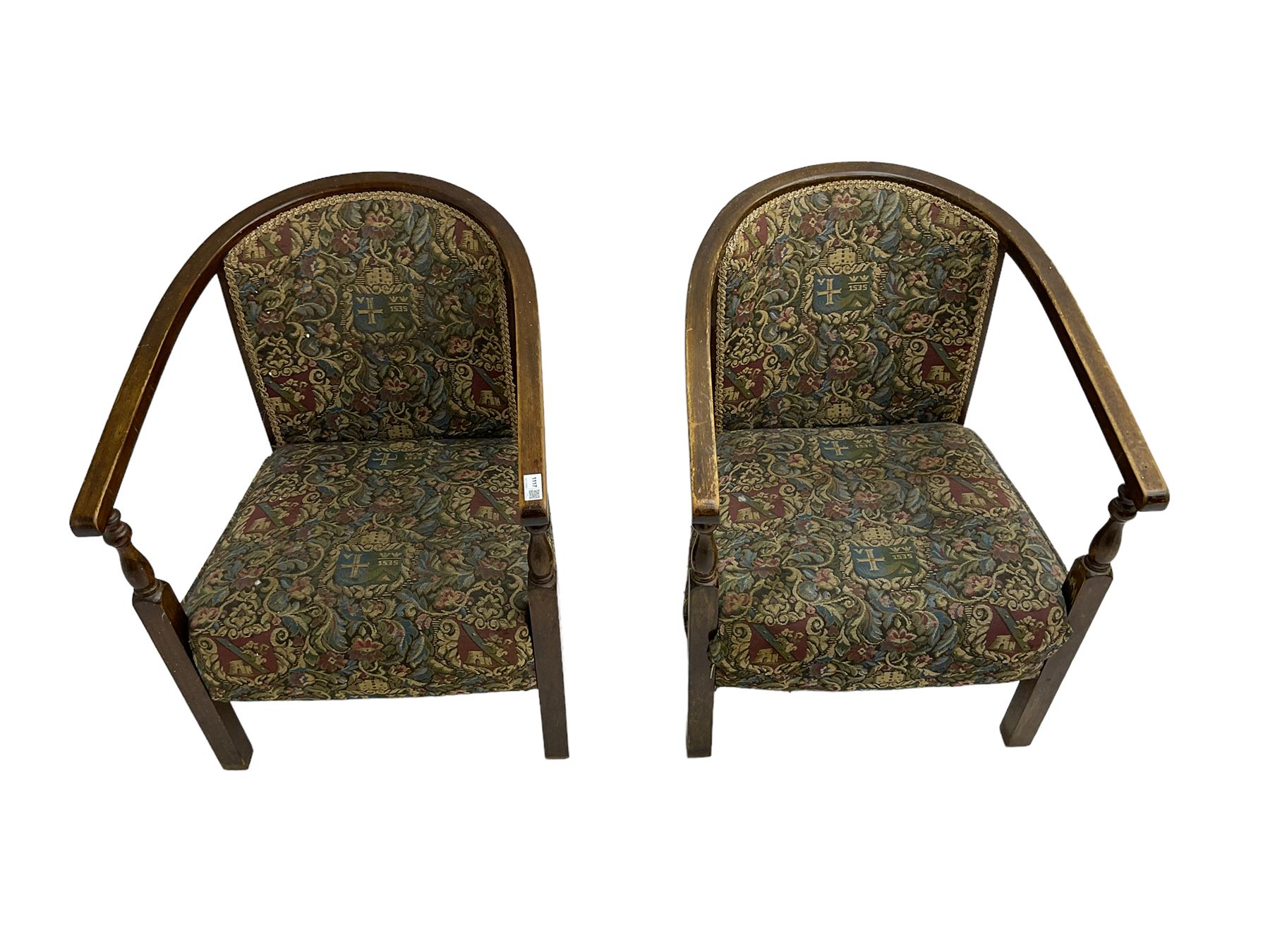 Pair early to mid-20th century stained beech tub shaped armchairs - Image 3 of 6