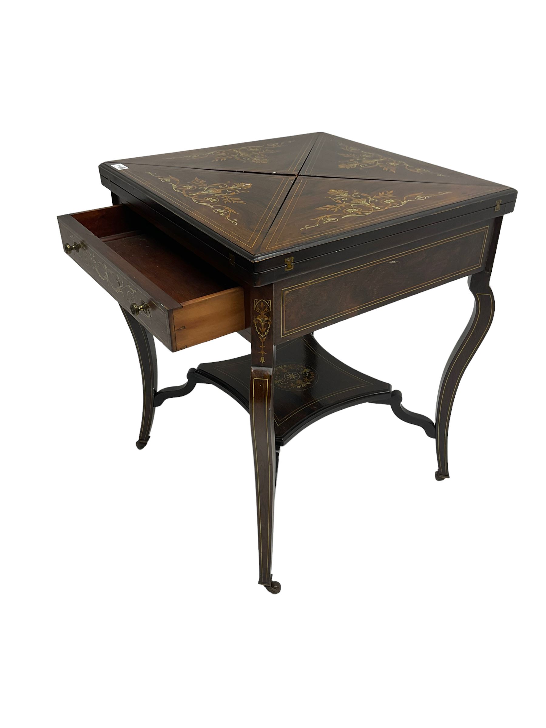 Edwardian inlaid rosewood envelope top card table - Image 7 of 8