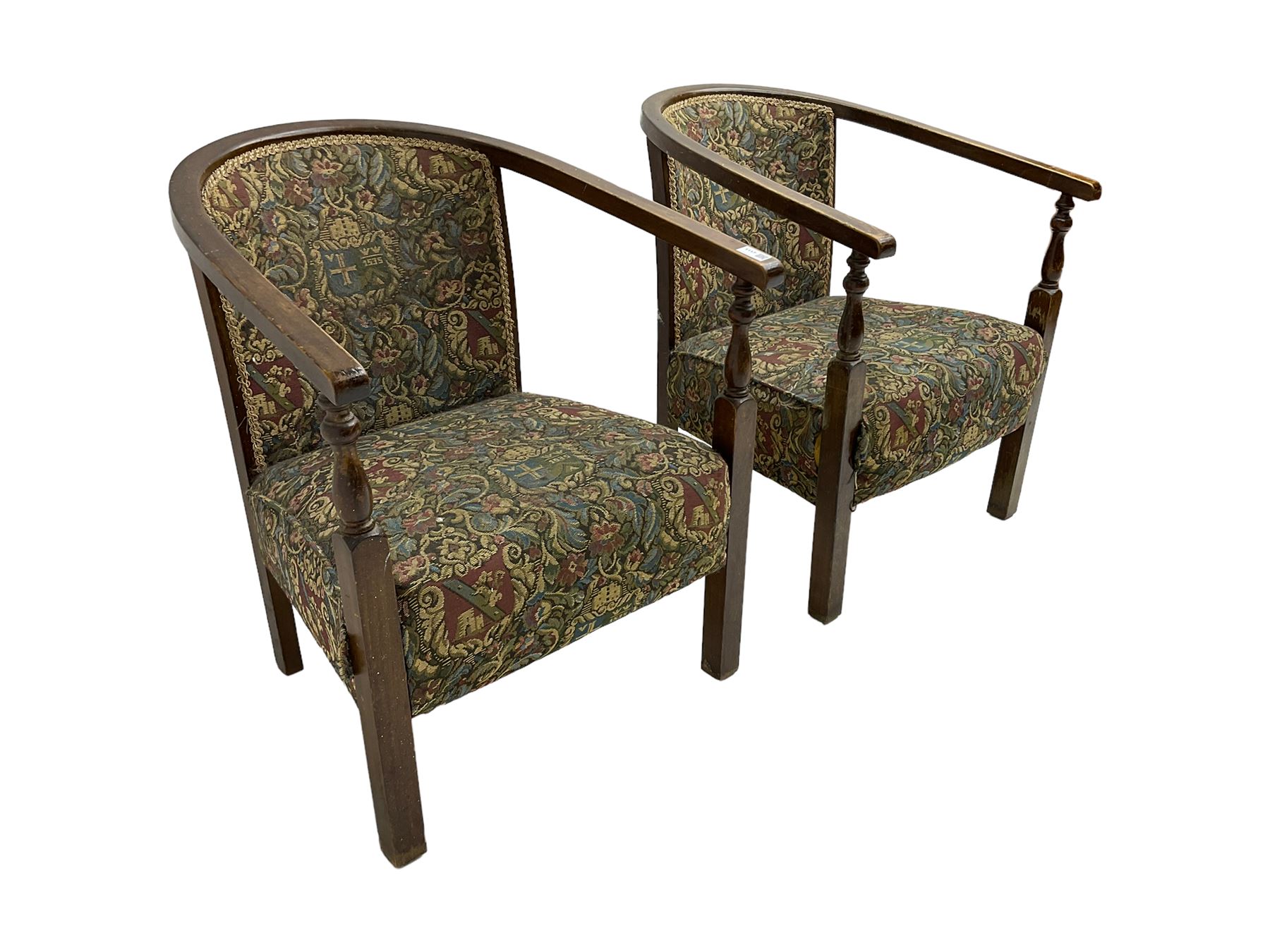 Pair early to mid-20th century stained beech tub shaped armchairs - Image 2 of 6