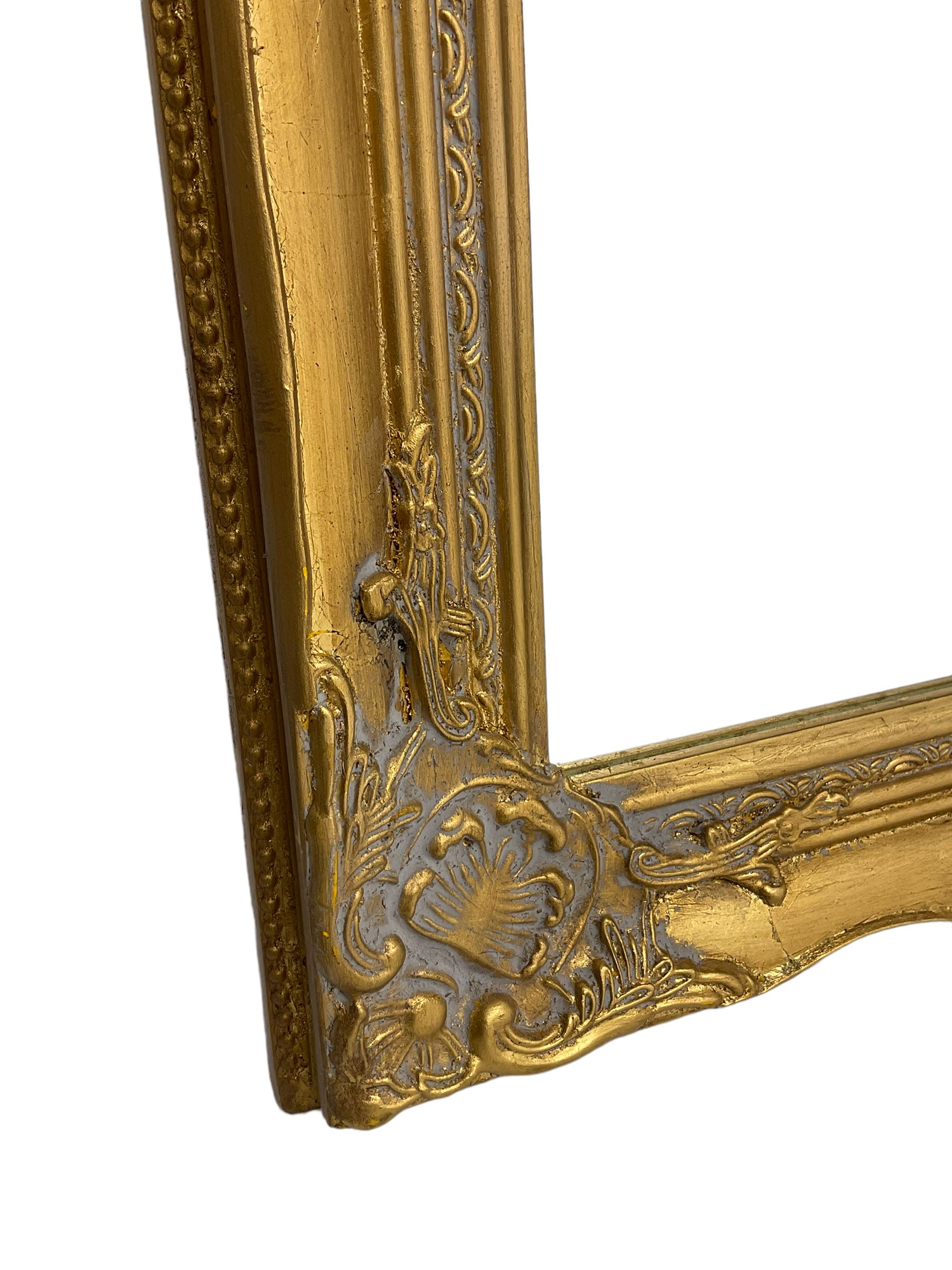 Pair bevelled edge wall mirrors in swept gilt frames decorated with ornate cartouches - Image 3 of 4