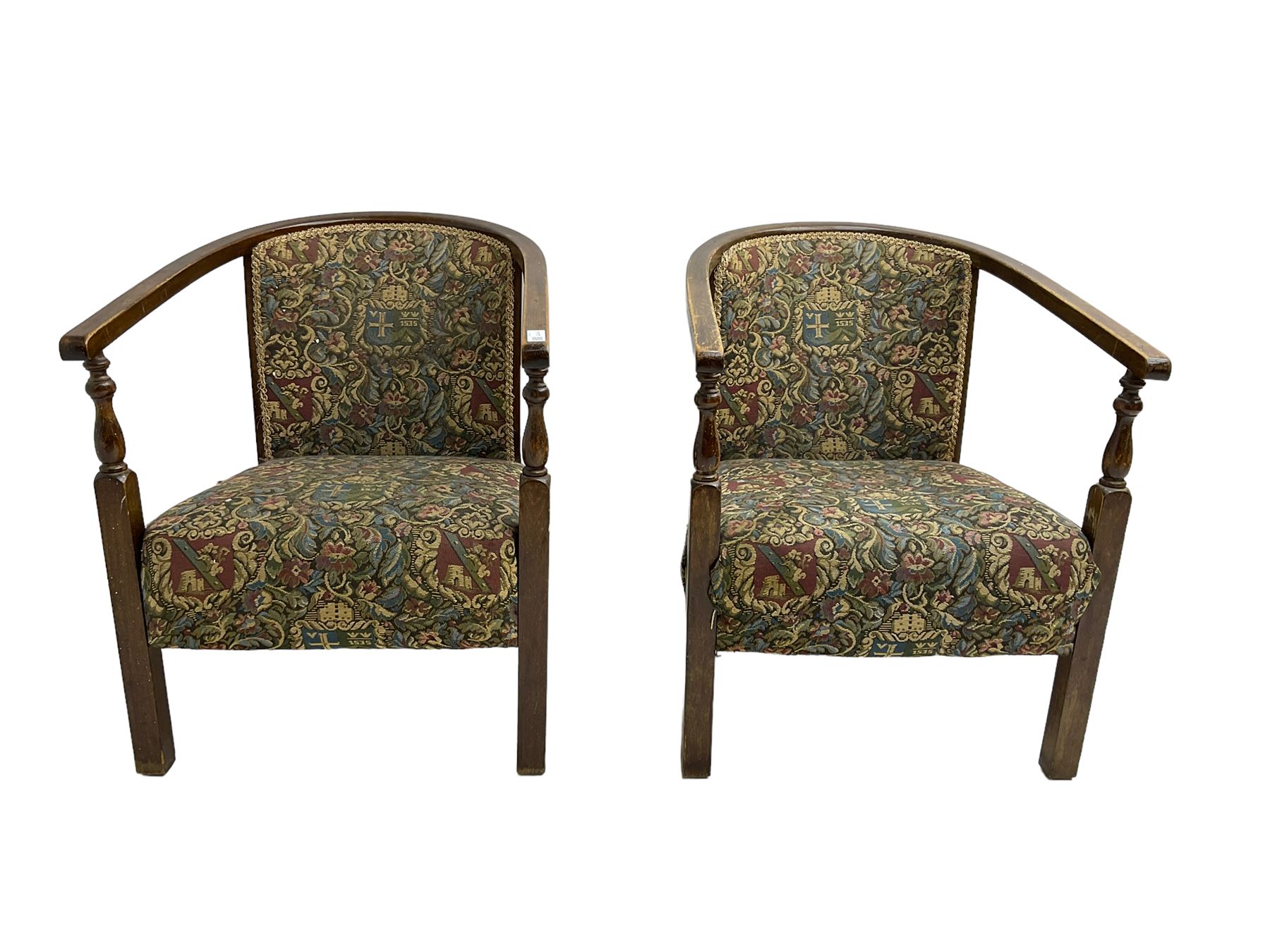 Pair early to mid-20th century stained beech tub shaped armchairs