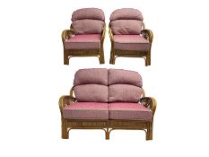 Three piece cane and bamboo conservatory suite - two seat sofa (W140cm