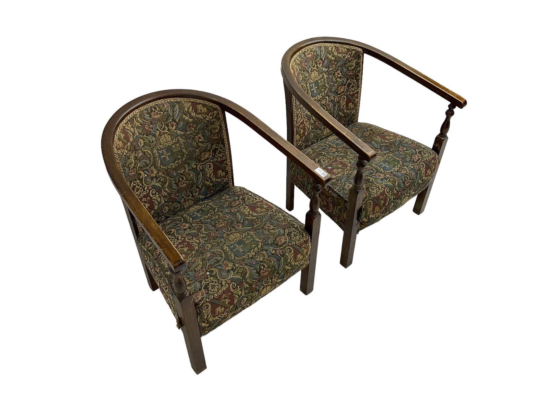 Pair early to mid-20th century stained beech tub shaped armchairs - Image 6 of 6