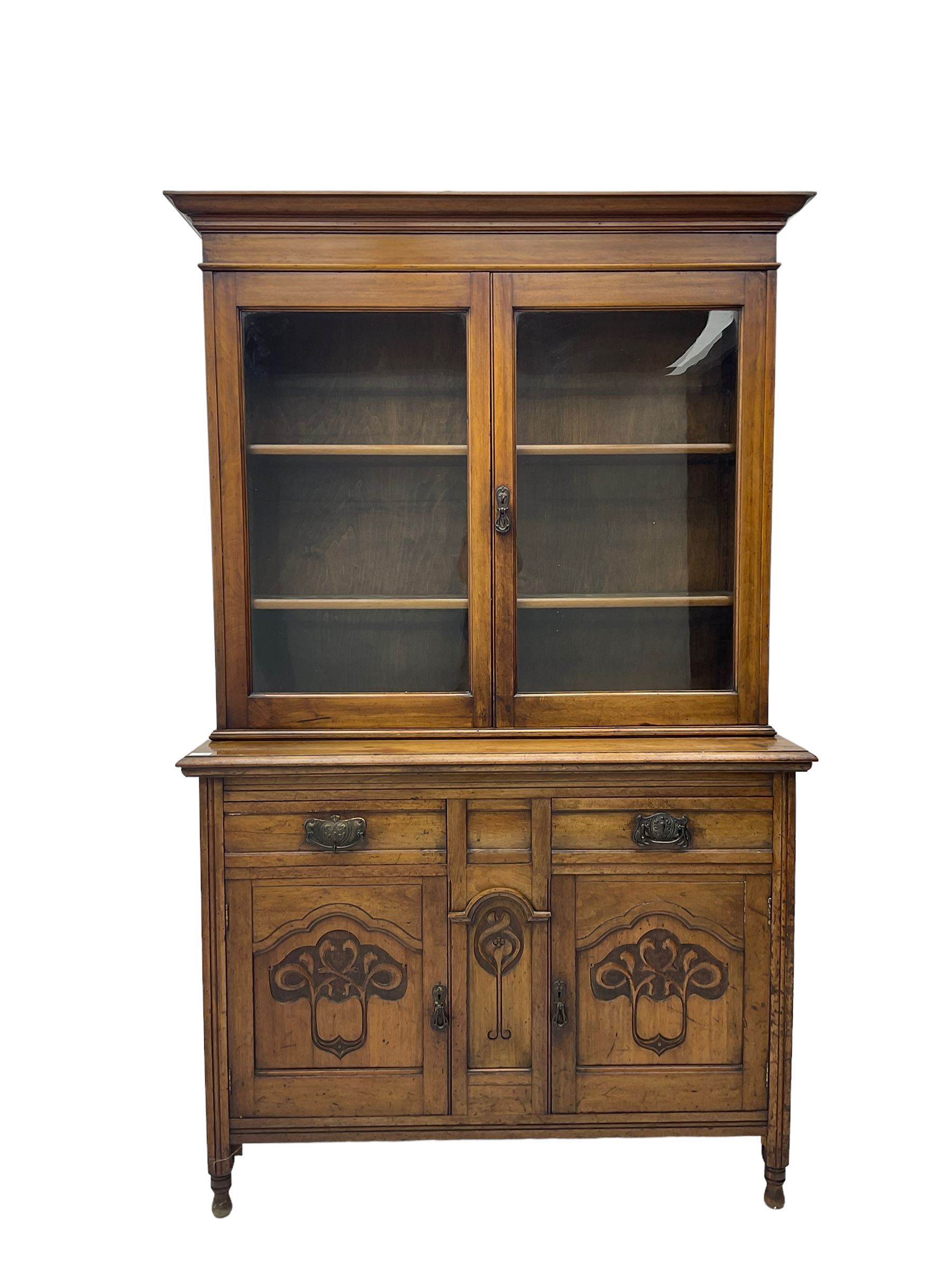 Edwardian walnut bookcase cabinet on cupboard