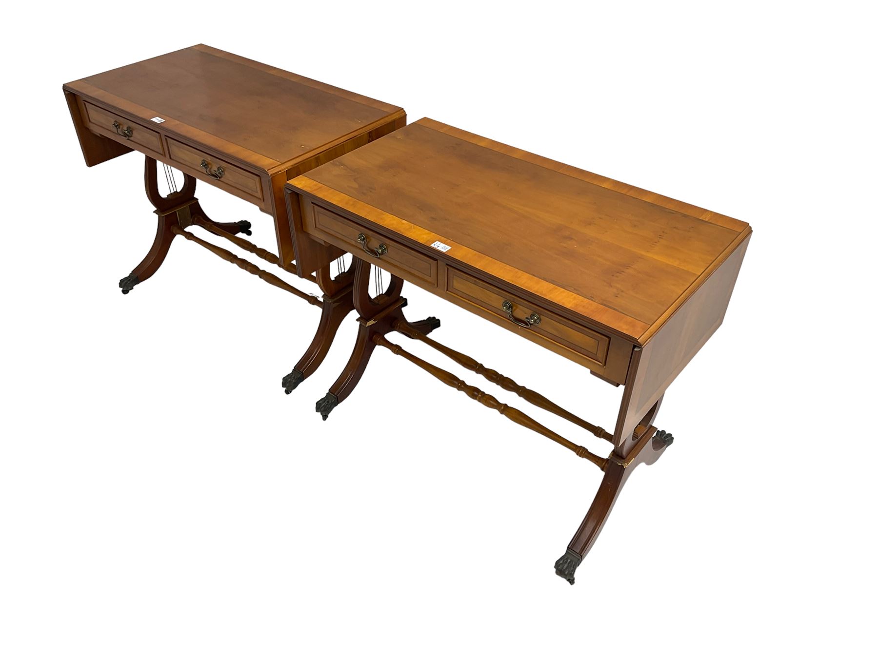 Pair yew wood drop leaf stretcher side or sofa tables - Image 4 of 4