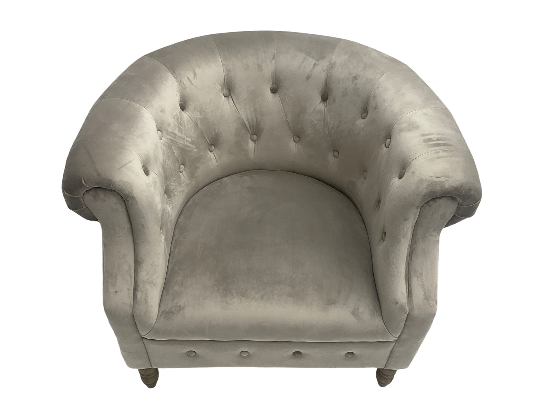 Grey velvet Chesterfield button pressed tub chair with rolled arms - Image 2 of 6