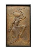 Copper panel embossed with a design of an African warrior in a wooden frame